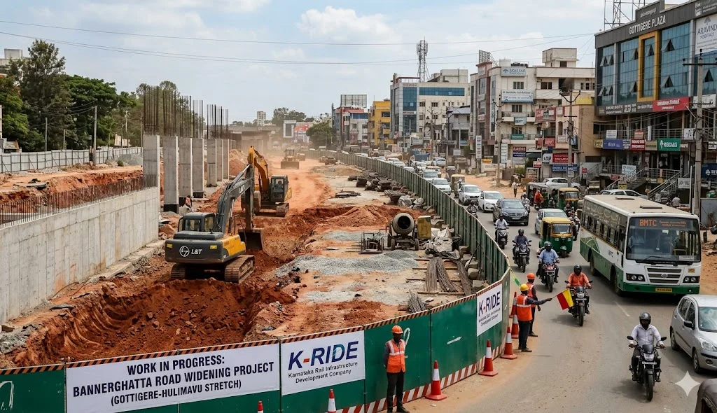 Current status of the Bannerghatta Road widening from Jedimara to Gottigere showing the expanded 160-feet wide arterial corridor in South Bangalore.